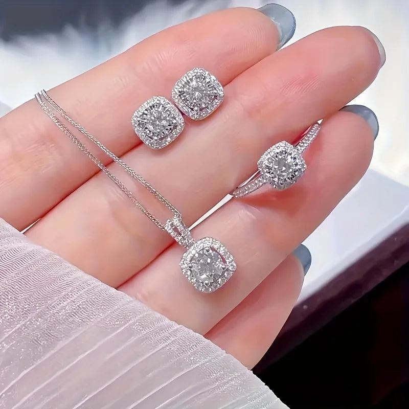 Luxury Cube Jewelry Set, Women's Elegant Necklace, Earrings & Ring Set