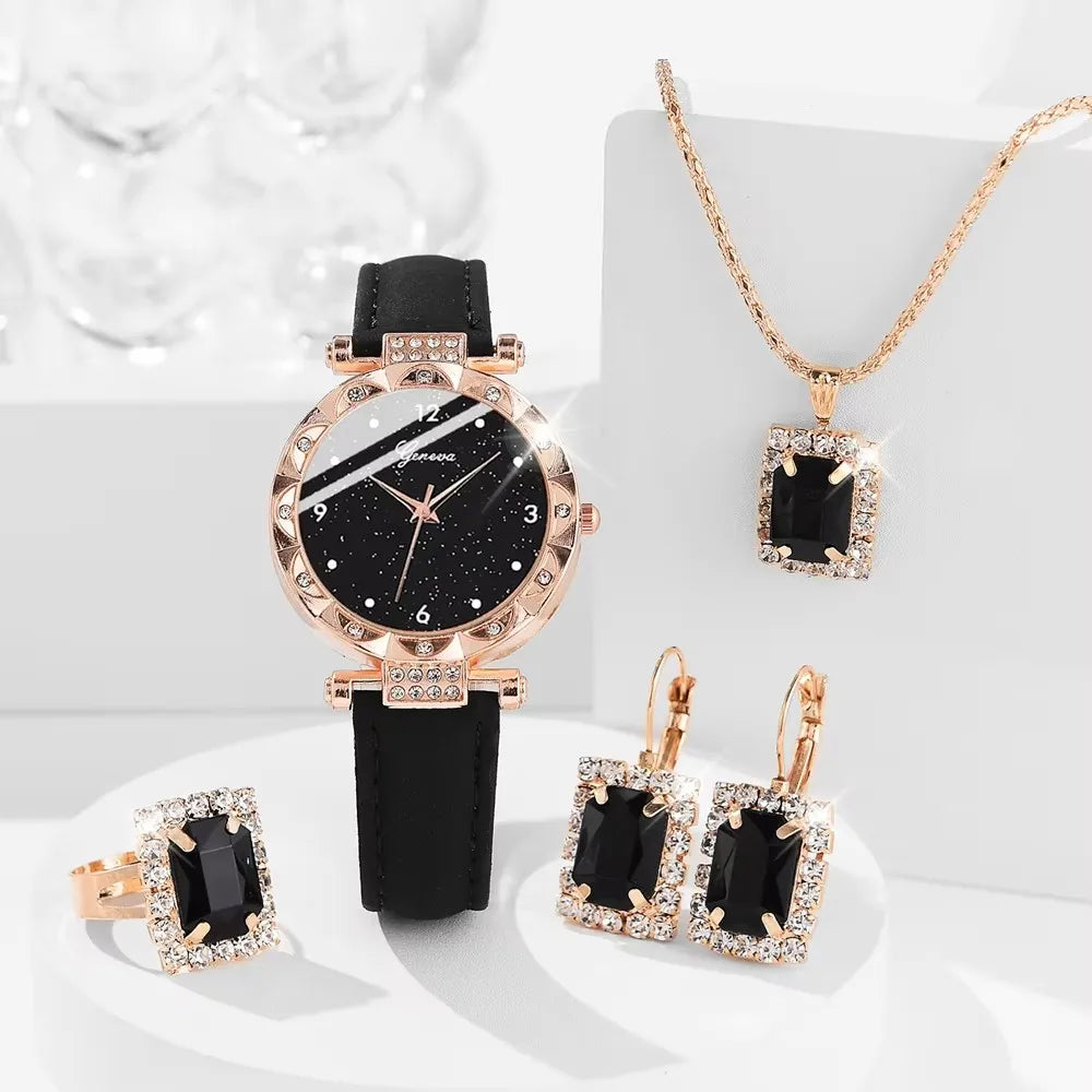 5Pcs Set Luxury Rhinestone Women Fashion Elegant Wristwatch Quartz Watch