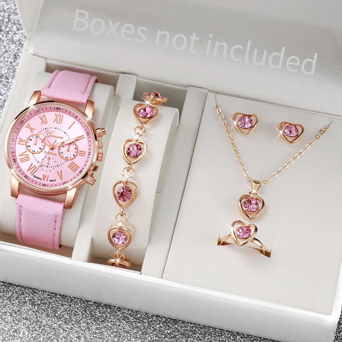 Women's Quartz Watch Leather Band Analog Wrist Watches Heart Rhinestone Jewelry Set(Without Box)