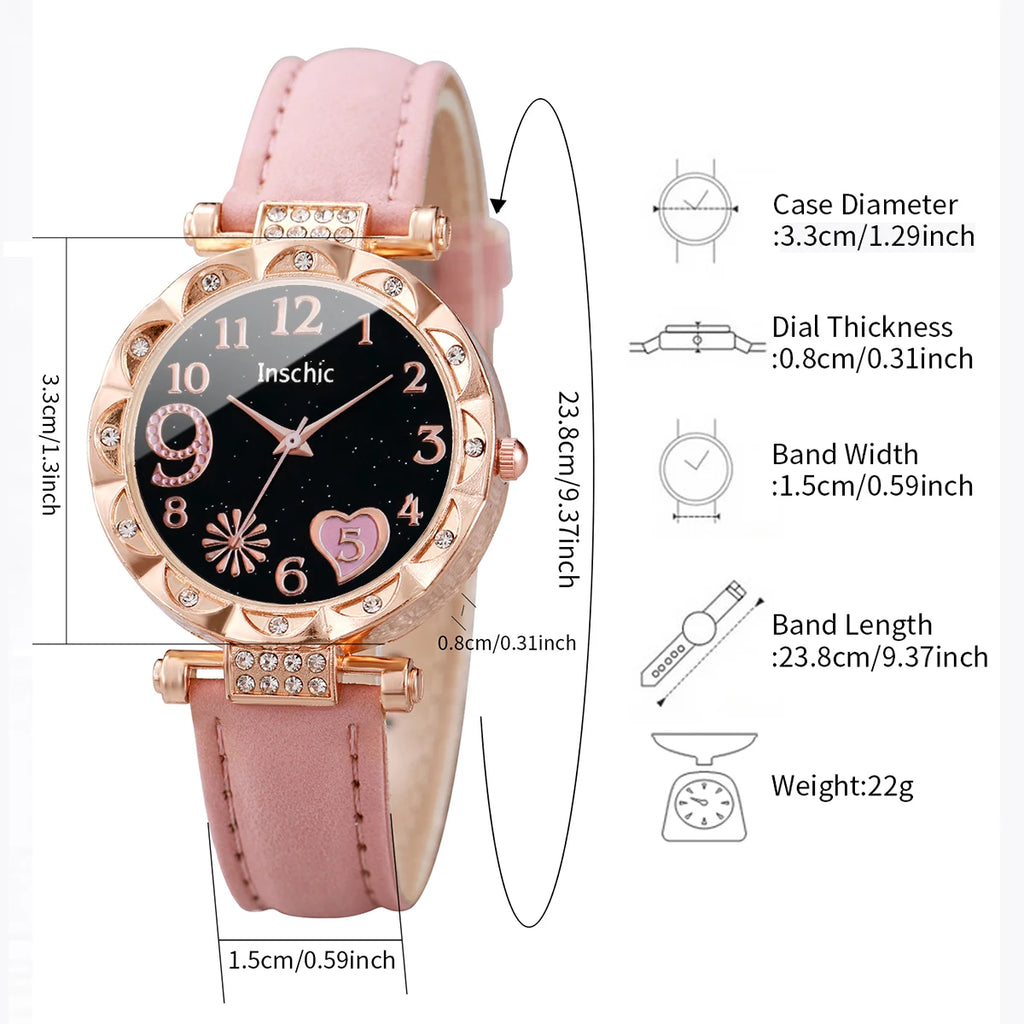 Heart Dial Women's Watch Casual Leather Band Analog Quartz Watch Leaf Bracelets Set Without Box）