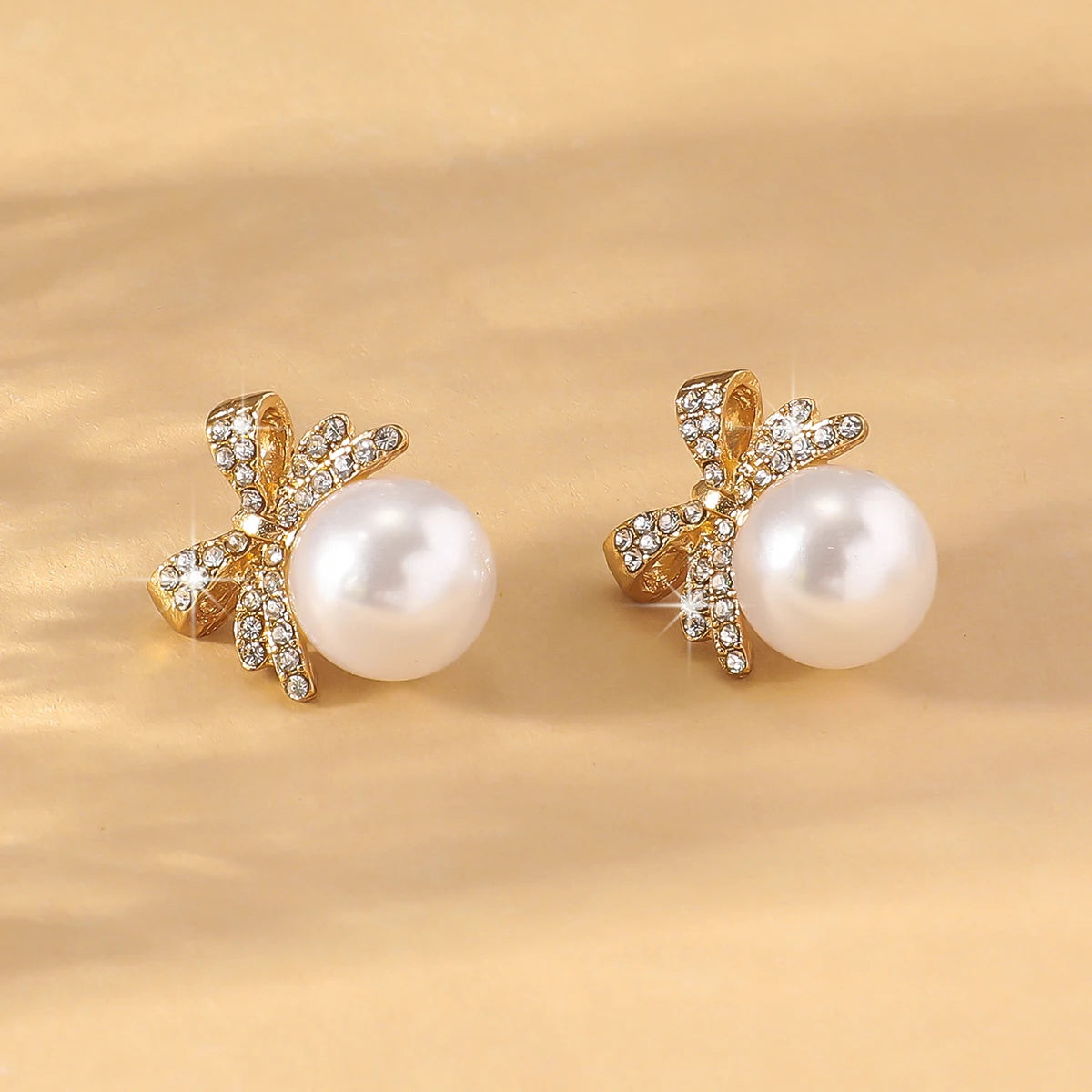 2 Women's Silver Needle Bow Studded With Diamond Pearl Earrings,