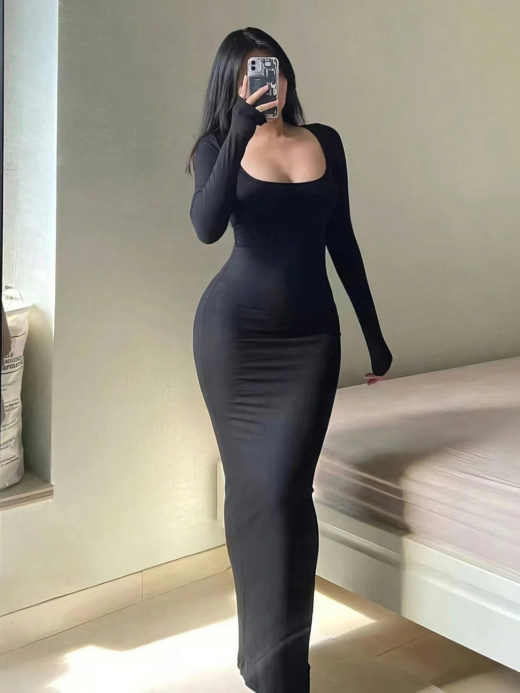Women's Solid Long Sleeve Bodycon Dress,