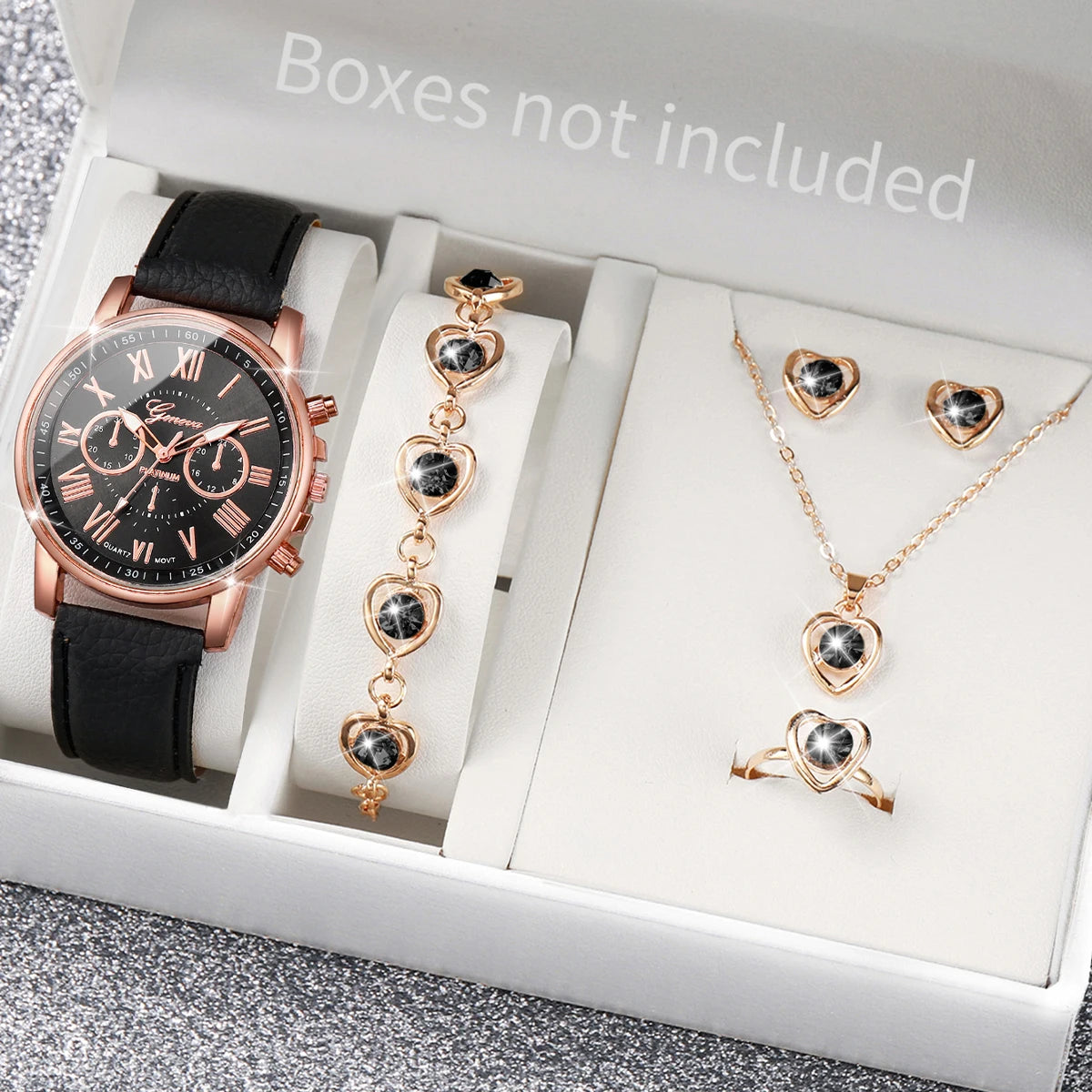 Women's Quartz Watch Leather Band Analog Wrist Watches Heart Rhinestone Jewelry Set(Without Box)