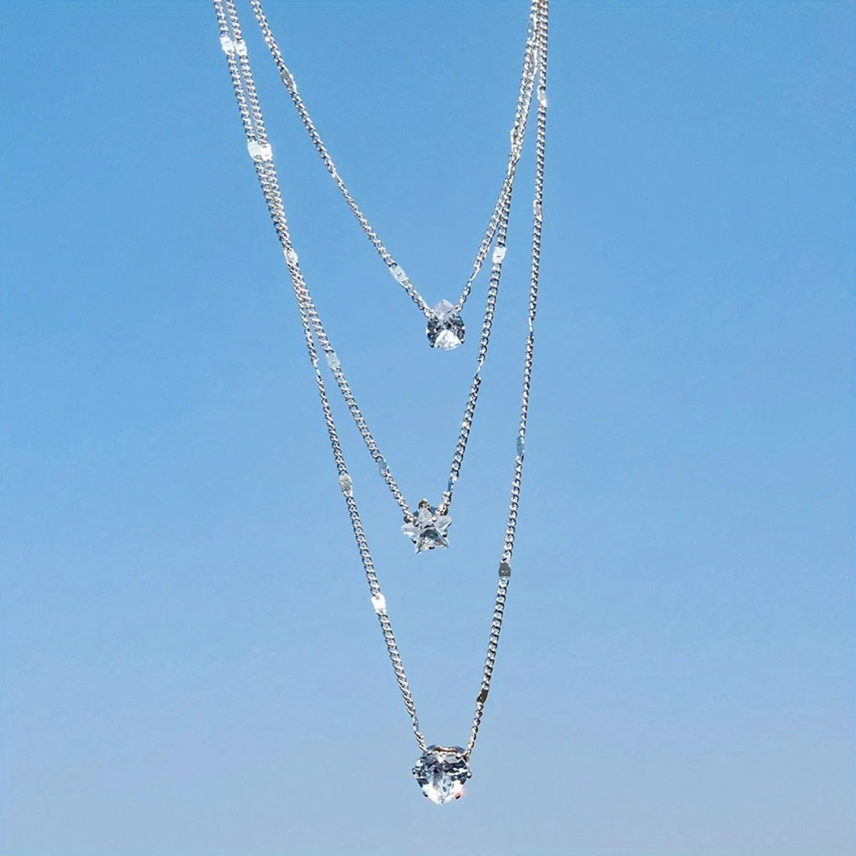 Multi-layer Five-pointed Star Heart Shape Water Drop Pendant Chain Necklace Alloy Material Glass Collarbone Chain Sexy Women New