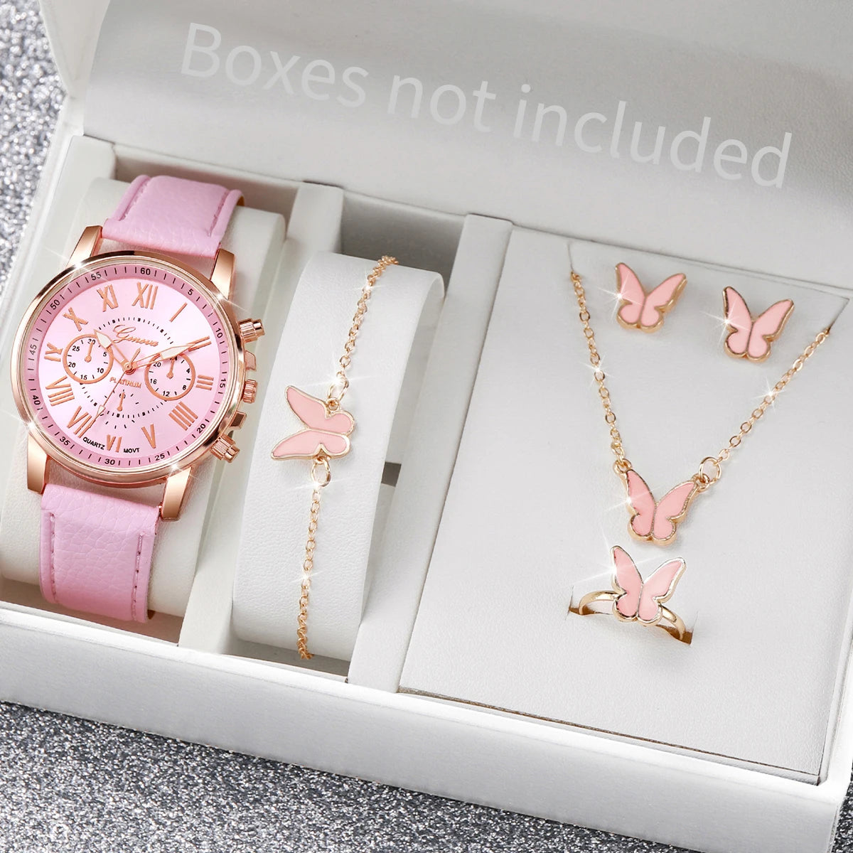 Women's Quartz Watch Leather Band Analog Wrist Watches Heart Rhinestone Jewelry Set(Without Box)