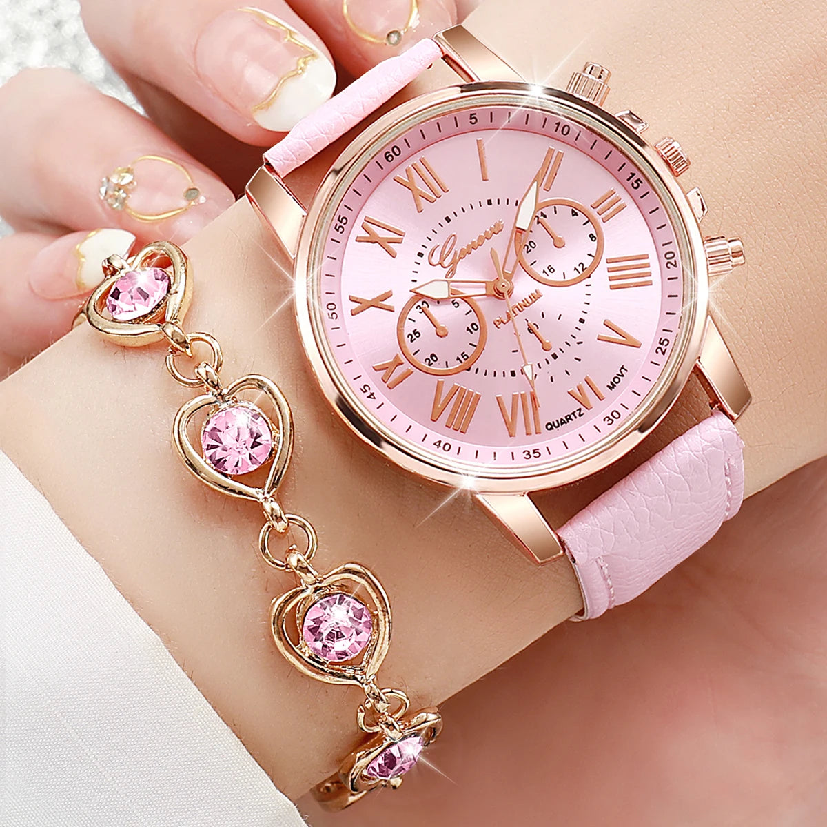 Women's Quartz Watch Leather Band Analog Wrist Watches Heart Rhinestone Jewelry Set(Without Box)