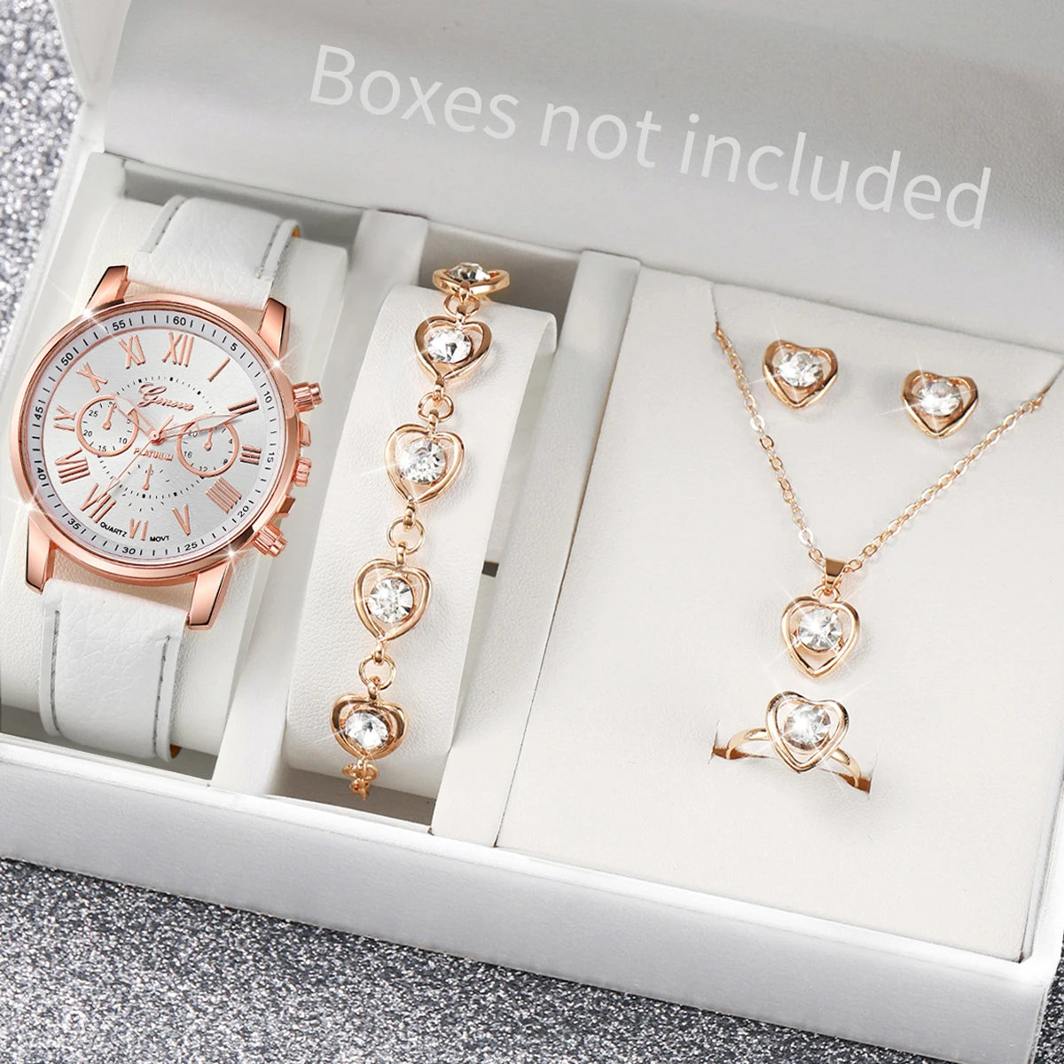 Women's Quartz Watch Leather Band Analog Wrist Watches Heart Rhinestone Jewelry Set(Without Box)