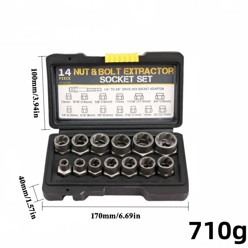 14-Piece Cr-Mo Steel Impact Bolt Nut Remover Set with Solid Storage Case for Industrial Use Bolt Extractor Tool Set