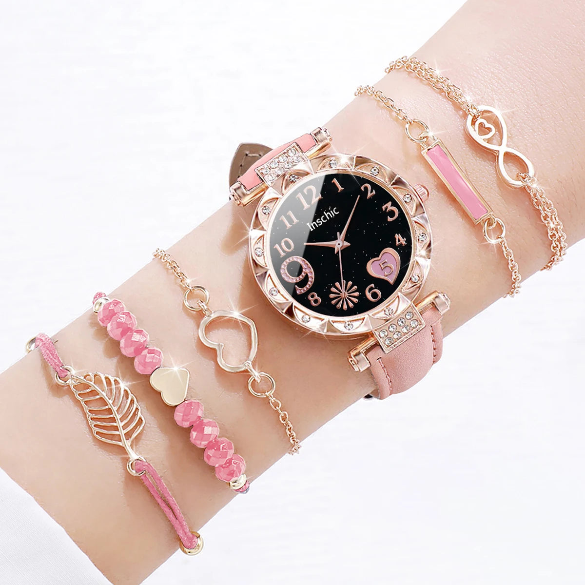 Heart Dial Women's Watch Casual Leather Band Analog Quartz Watch Leaf Bracelets Set Without Box）