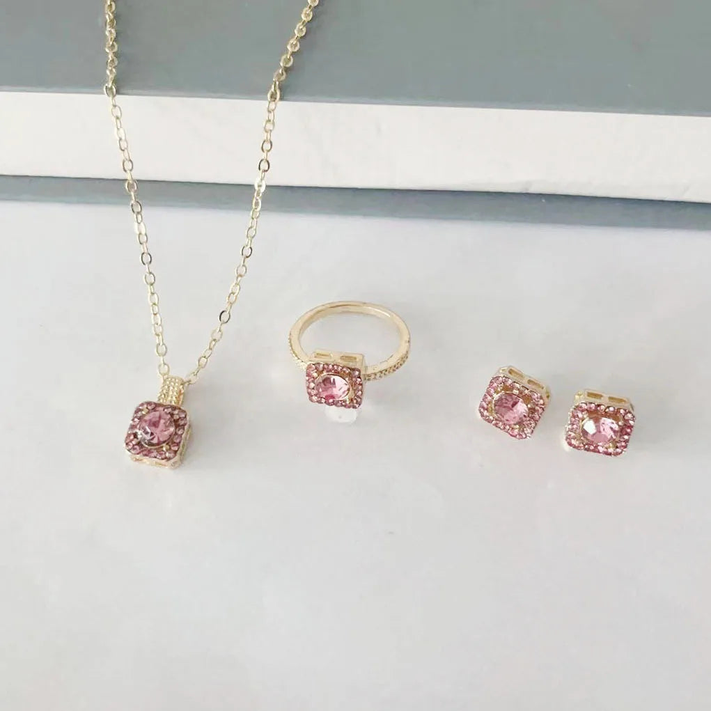 Luxury Cube Jewelry Set, Women's Elegant Necklace, Earrings & Ring Set