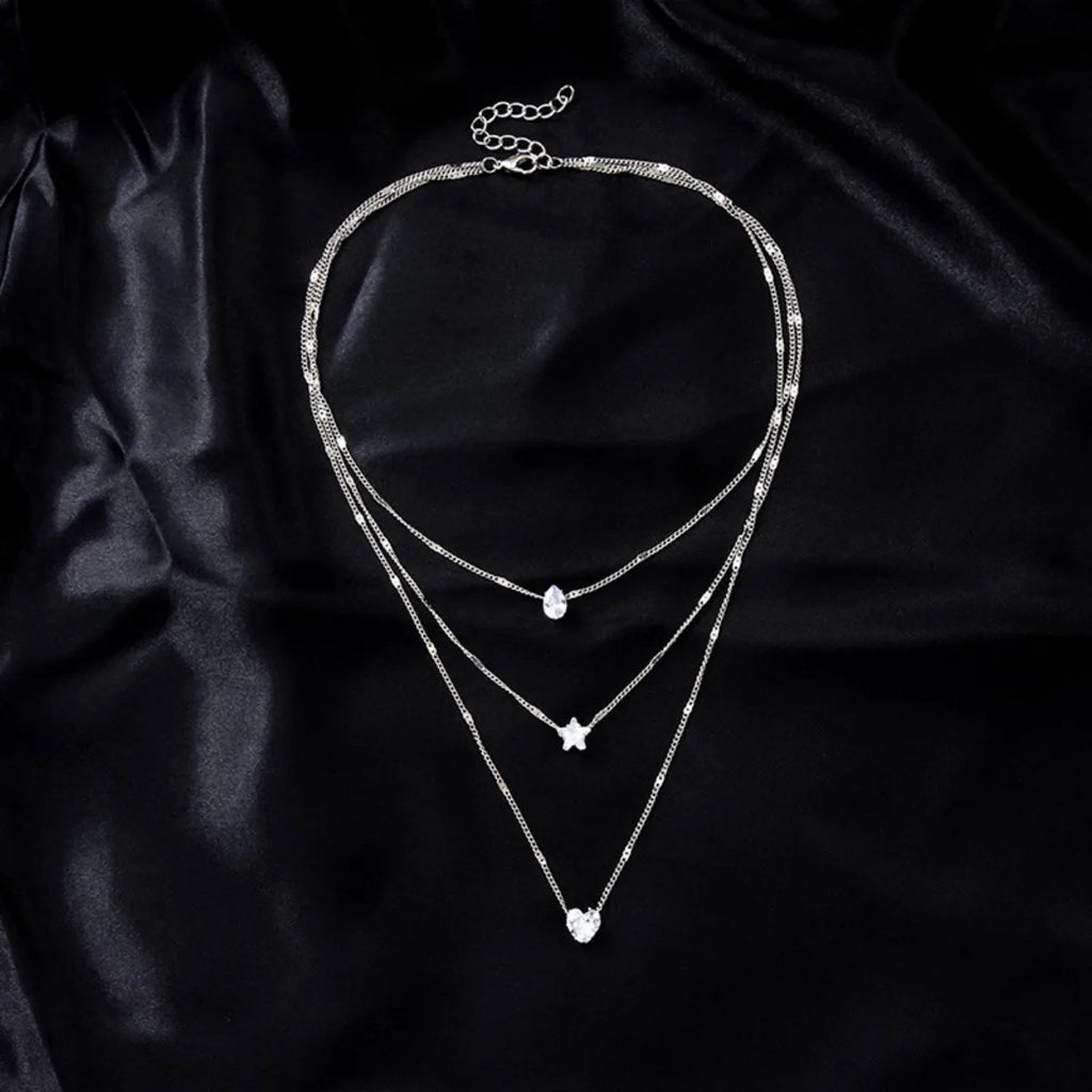 Multi-layer Five-pointed Star Heart Shape Water Drop Pendant Chain Necklace Alloy Material Glass Collarbone Chain Sexy Women New