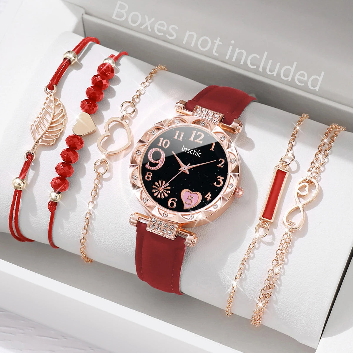 Heart Dial Women's Watch Casual Leather Band Analog Quartz Watch Leaf Bracelets Set Without Box）