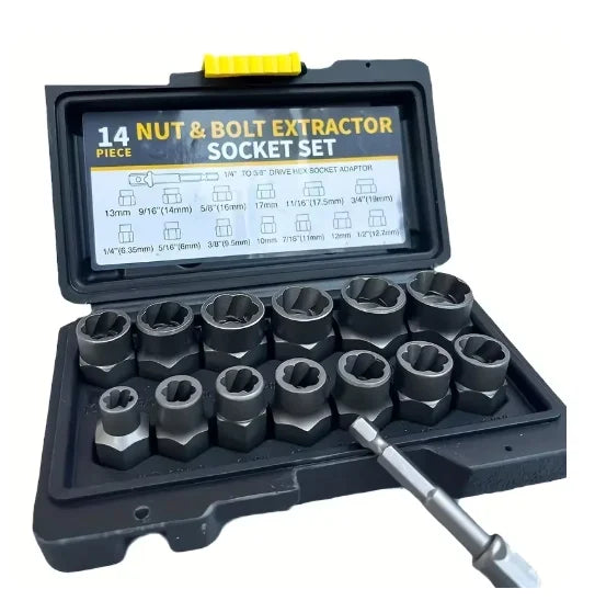 14-Piece Cr-Mo Steel Impact Bolt Nut Remover Set with Solid Storage Case for Industrial Use Bolt Extractor Tool Set