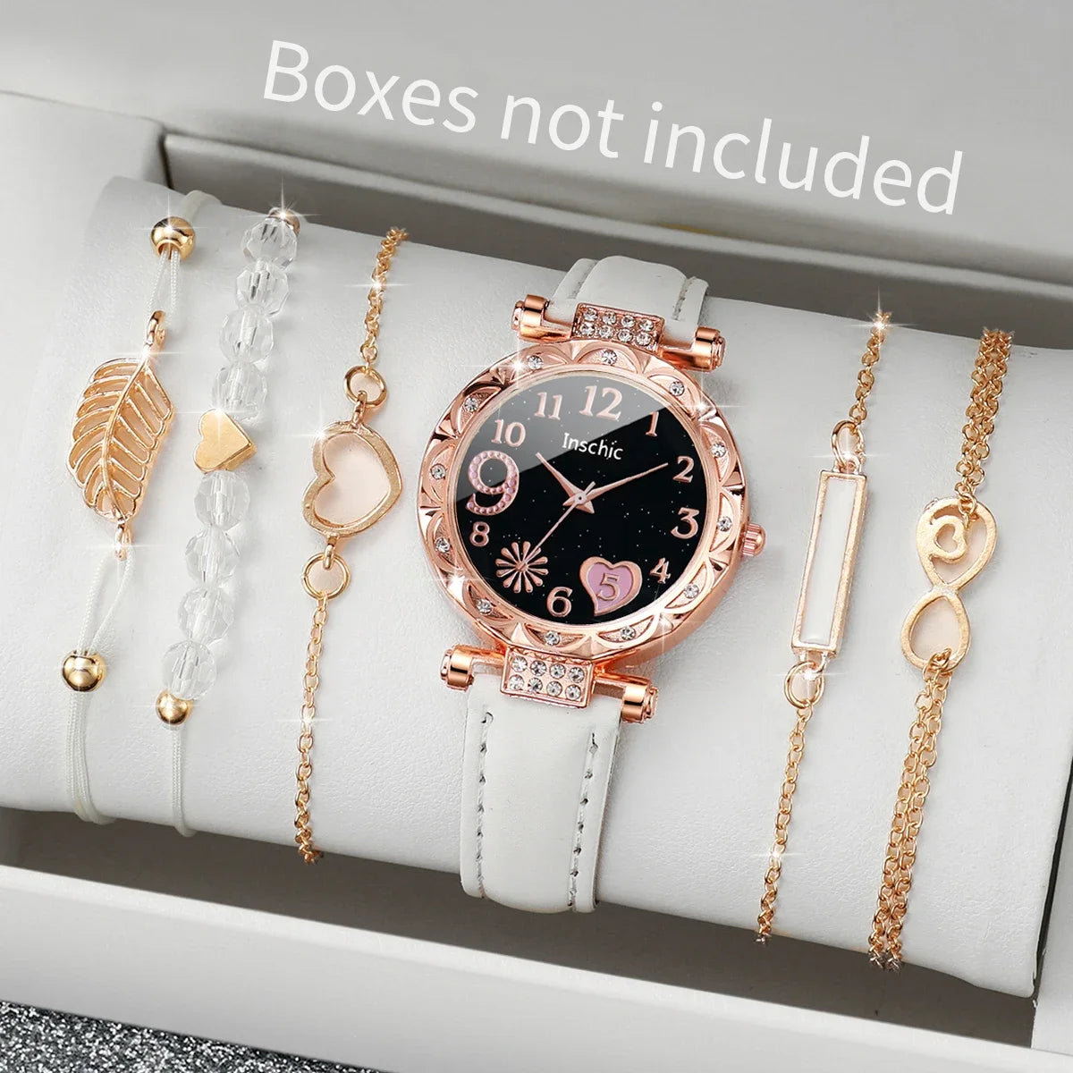 Heart Dial Women's Watch Casual Leather Band Analog Quartz Watch Leaf Bracelets Set Without Box）