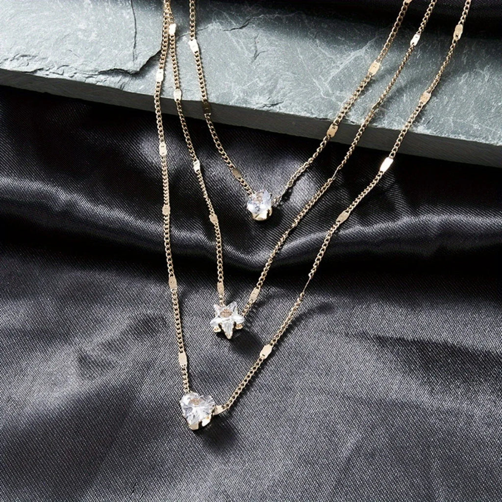 Multi-layer Five-pointed Star Heart Shape Water Drop Pendant Chain Necklace Alloy Material Glass Collarbone Chain Sexy Women New