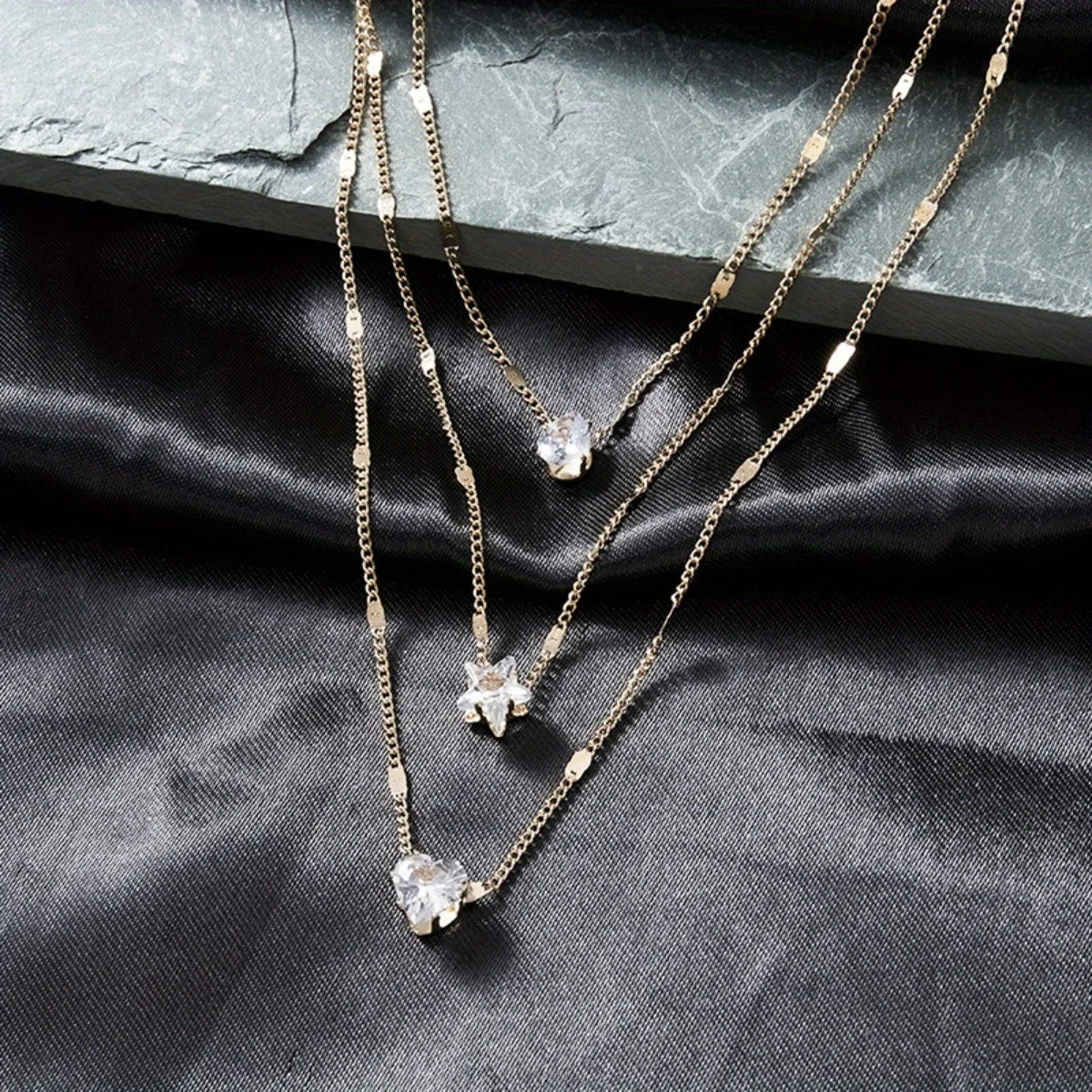 Multi-layer Five-pointed Star Heart Shape Water Drop Pendant Chain Necklace Alloy Material Glass Collarbone Chain Sexy Women New