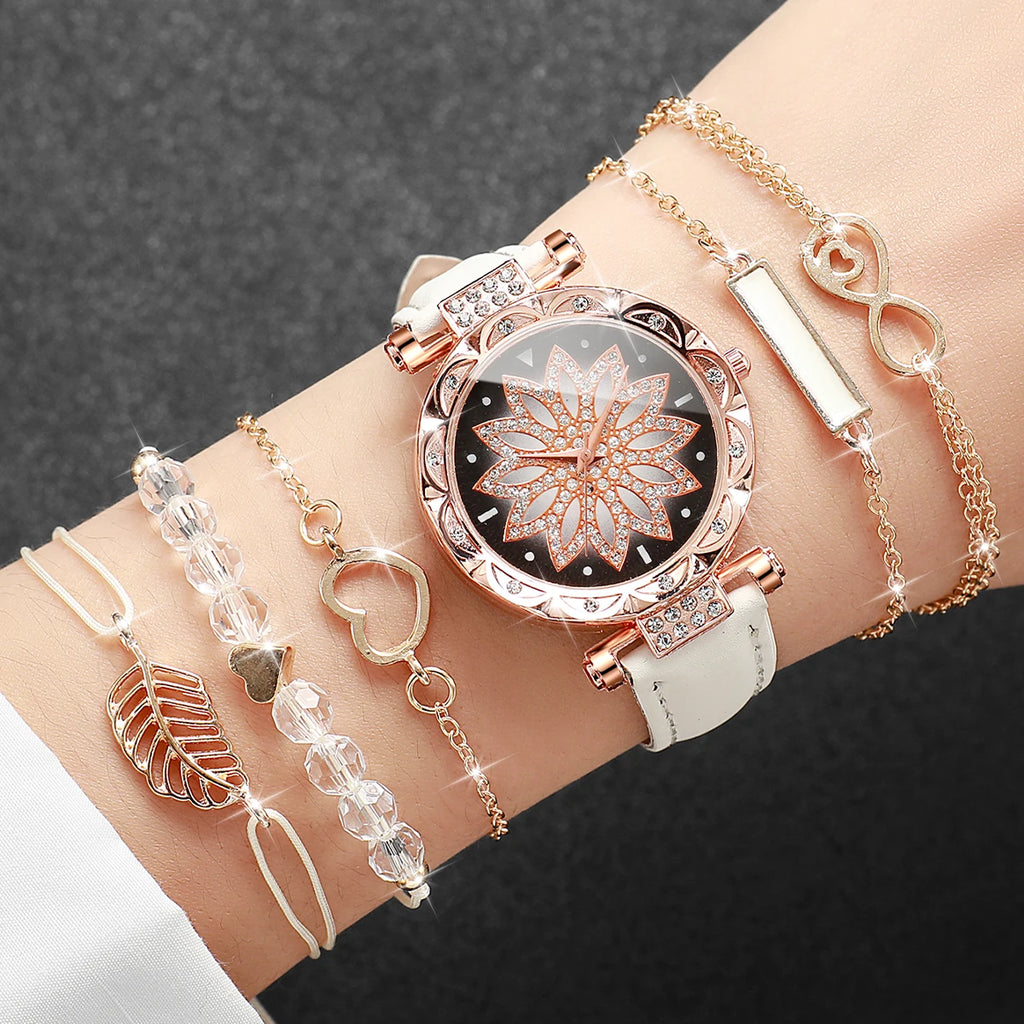 Heart Dial Women's Watch Casual Leather Band Analog Quartz Watch Leaf Bracelets Set Without Box）