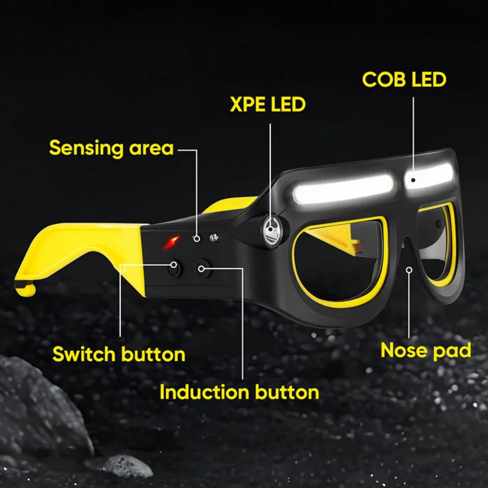 LED Headlamp Glasses Rechargeable USB Charging Motion Sensor Safety Goggles Work Light for Fishing Camping Night Running Repair