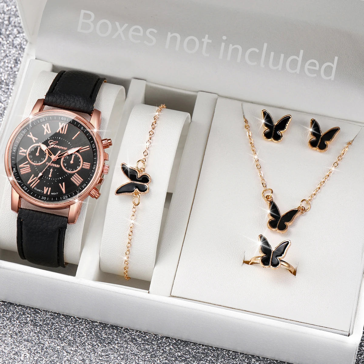Women's Quartz Watch Leather Band Analog Wrist Watches Heart Rhinestone Jewelry Set(Without Box)
