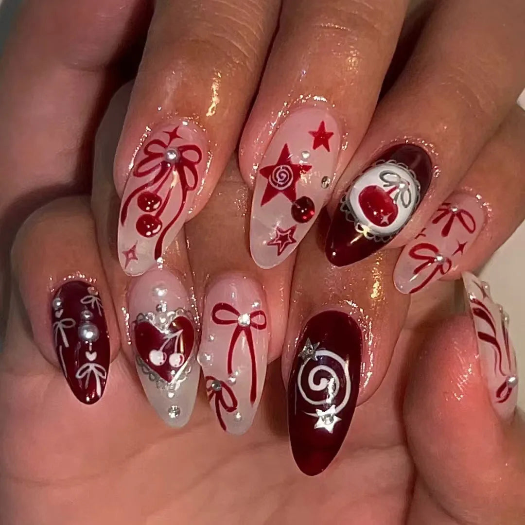 24Pcs False Nails Spicy Girl Silver Bow with Diamond Fake Nails with Glue Almond Press on Nails Black Cool Y2k Almond Nail Set